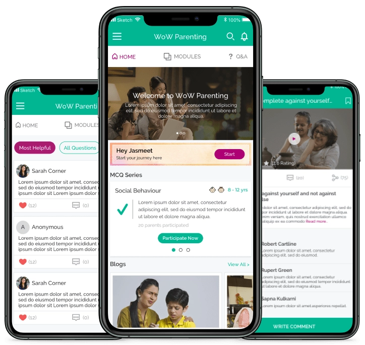 Case study cover: three WoW Parenting screens, a questions and answers feed sorted by most helpful, the home screen with a welcome course and an age-rated quiz, and a video lesson with its rating and comments