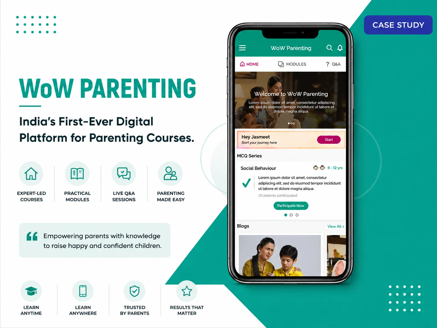 Three WoW Parenting screens: a questions feed, the home screen with an age-rated quiz, and a video lesson