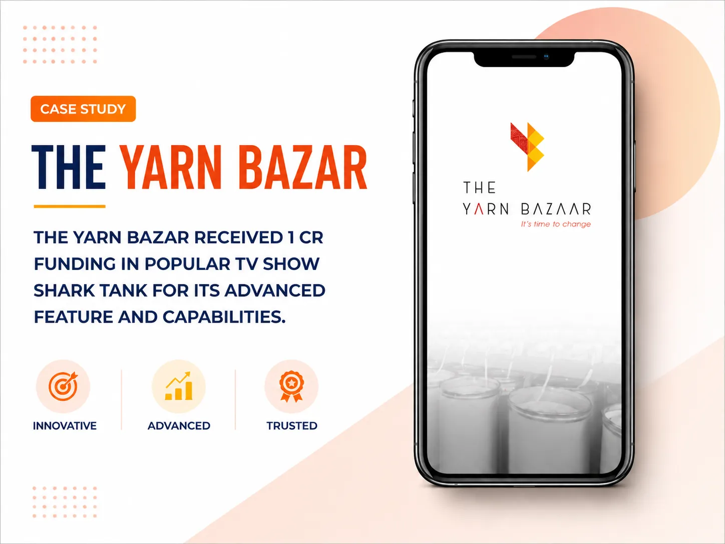 The Yarn Bazaar app splash on a phone, with the tagline It is time to change above a row of yarn cones