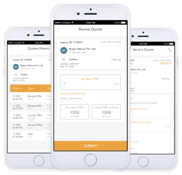 Three Yarn Bazaar screens: a quotes history listing offers and counter-offers against one enquiry, a revise quote form showing the seller&rsquo;s latest offer beside the lowest offer the buyer has, and a send quote screen counting down to the enquiry closing