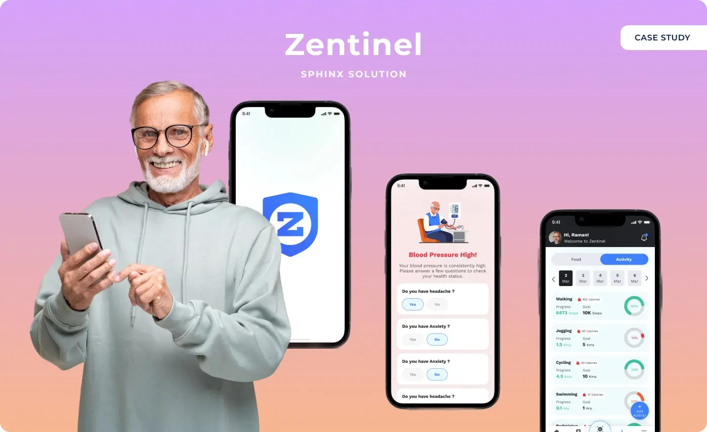Three Zentinel screens: the splash, a blood pressure alert, and an activity dashboard