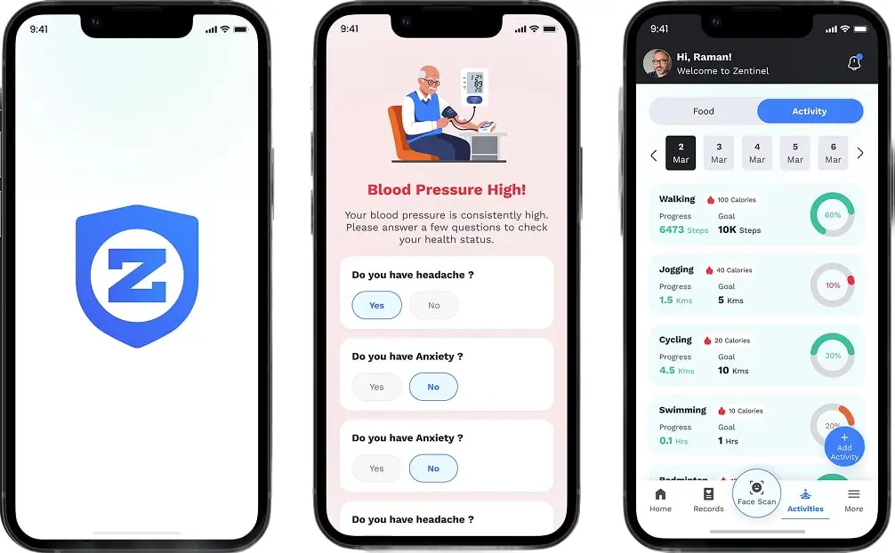 Three Zentinel screens: the splash, a blood pressure alert asking follow-up questions, and an activity dashboard tracking walking, jogging, cycling and swimming against daily goals