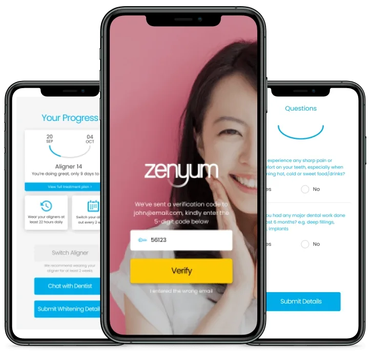 Three Zenyum screens: a treatment progress view showing which aligner the patient is on and how many days remain, with buttons to chat with a dentist; the email verification step; and a dental screening questionnaire