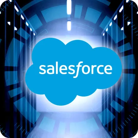 The Salesforce cloud mark against a data centre backdrop